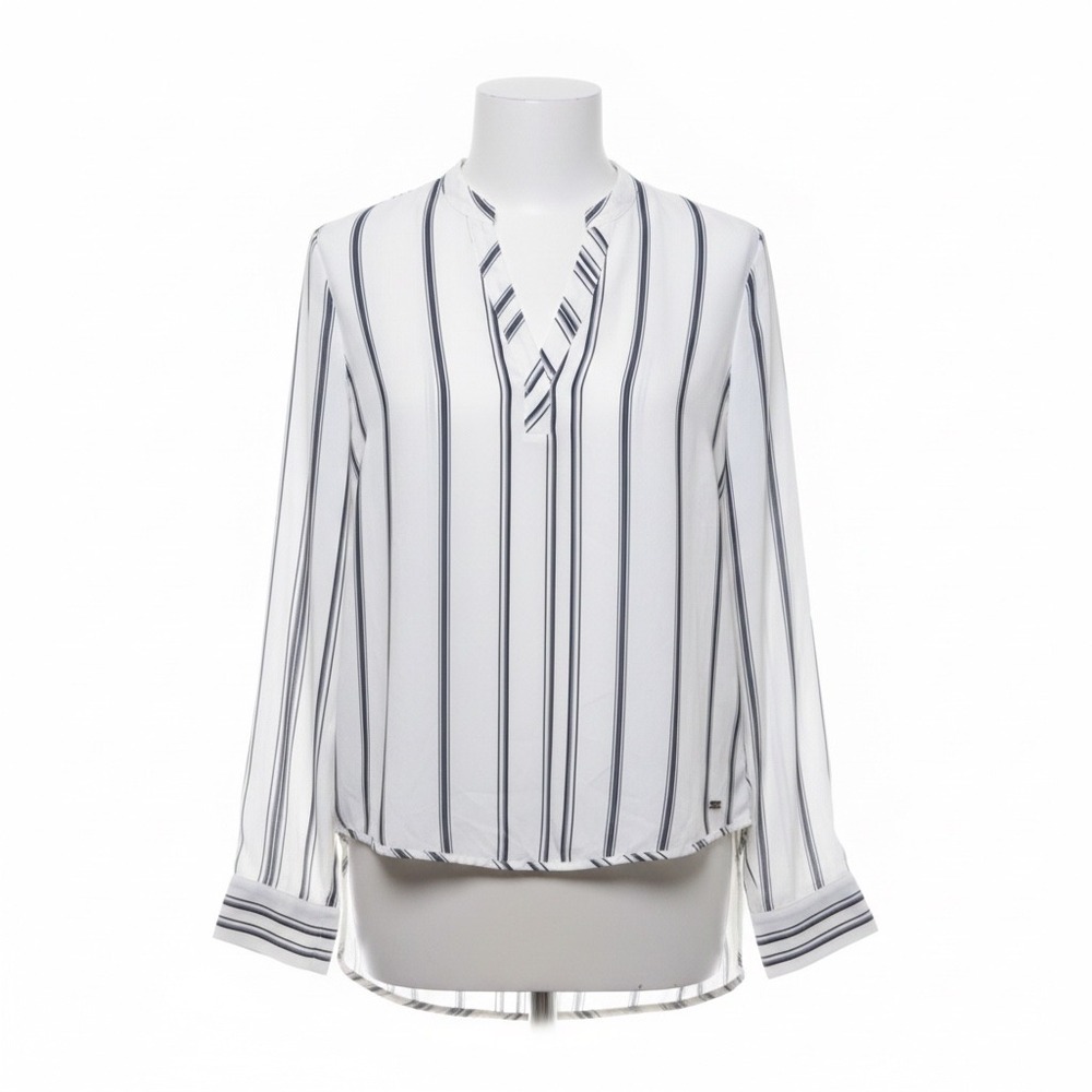 Armani Exchange AX Striped V-Neck Blouse XS White Navy Black Hi-Low Long Sleeve